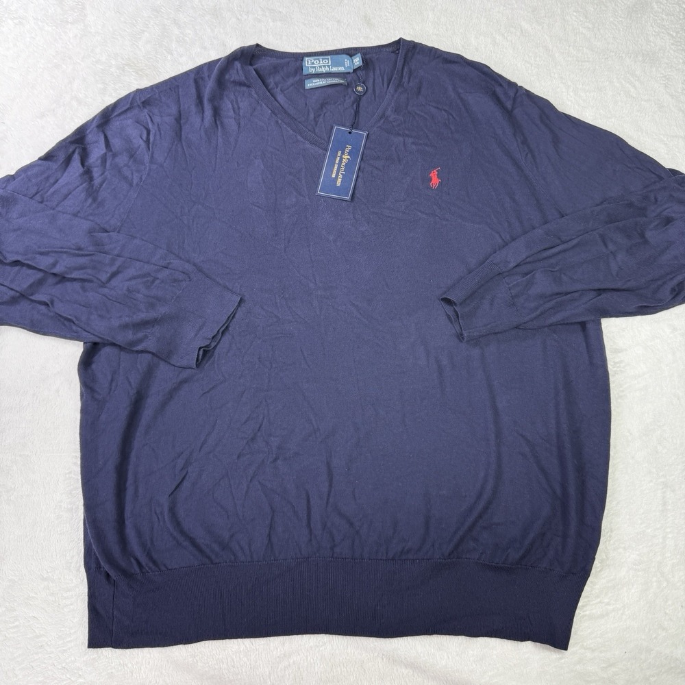 POLO RALPH LAUREN Sweater V-Neck Mens 2XB Blue Knit PIMA COTTON NWT $125